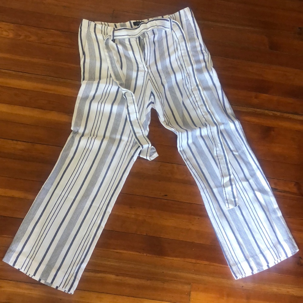 Blue and white linen pants with tie waist
